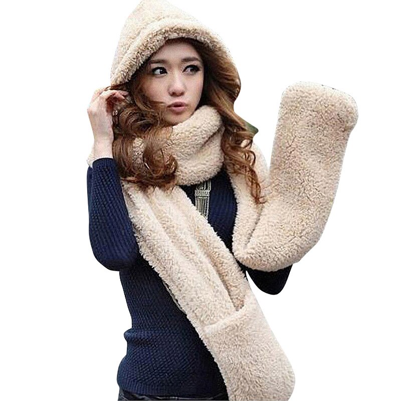 Gorro con capucha de piel sintética de pelo suave y cálida de Invierno para mujer de gran , bufandas, bufanda, guantes, un bonito para mujer y Niña
