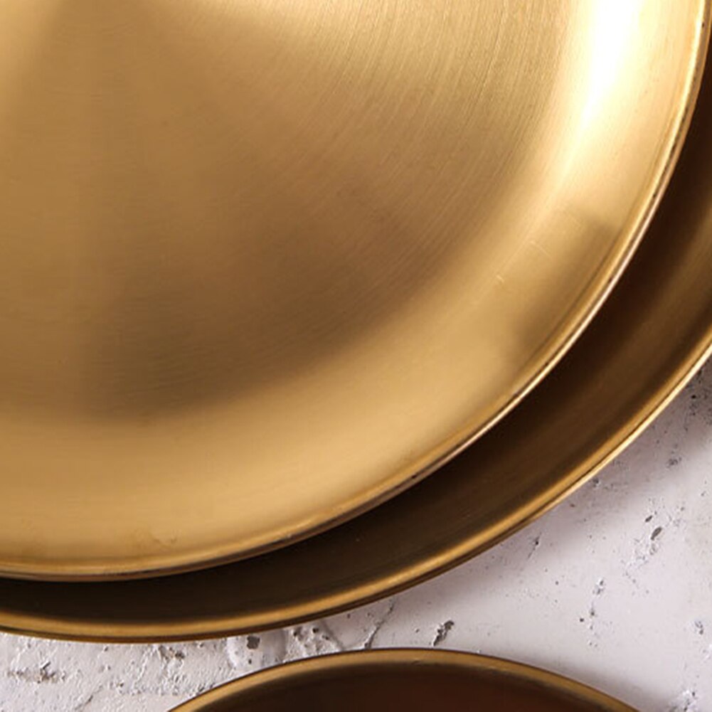 1Pcs Gold Stainless Steel Round Plate Tray Dinner Dishes Food Snacks Steak Fish Plate Eco-friendly Tableware for Kitchen Hotel