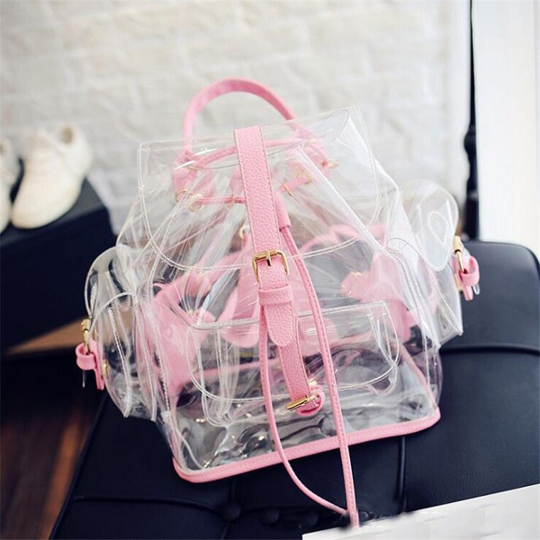 Afslappet pige lyserød klar vandtæt gennemsigtig sød rygsæk slikfarvet gelé skoletaske teenagere rejsetaske: Lyserød