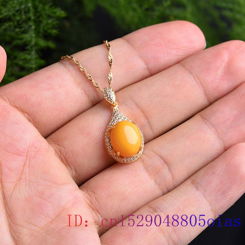 Yellow Amber Pendant Charm Crystal 925 Silver Beeswax Amulet Zircon Necklace Chinese Jewelry Gemstone Natural