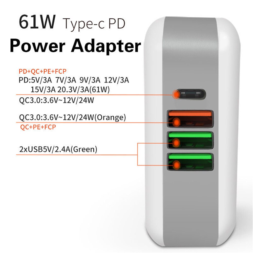 3-Port USB Wall Charger - QC 3.0 PD Fast Charge - 100-240V Power Adapter for iPhone, iPad