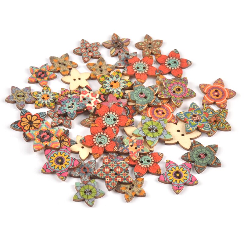 50pcs Mixed Star Buttons Flower Pattern Wooden Button 2 Holes for DIY Sewing Garmen Decoration Clothing Craft Accessories MT2269