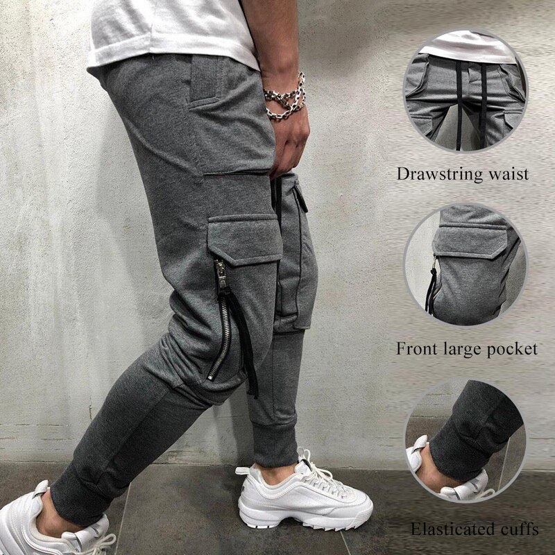 Men Pockets Casual Cargo Pants Slim Joggers Hip Hop Sweatpants Fahsion Men Drawstring Pencil Trousers Gym Pantalon Homme