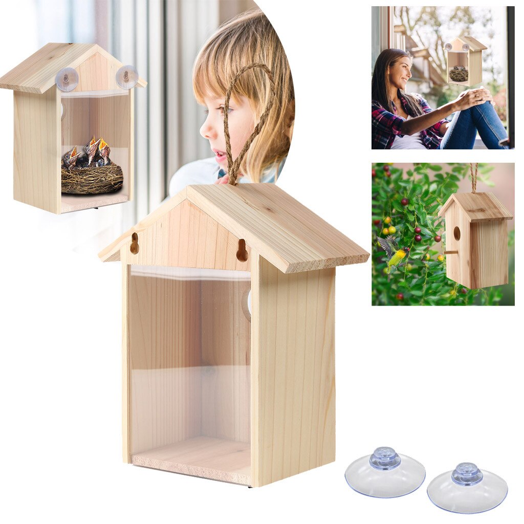 Hout Vogelnesten Outdoor Zuignap Zichtbaar Vogel Huis Tuin Venster Vogelhuisje Wilde Vogels Voeden Dispenser Voedsel Container Huis