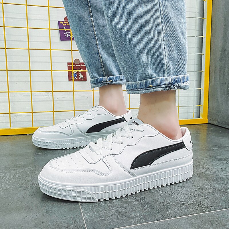 Menns joggesko, gummisåler, små hvite sko, trendy fritidssko, ins, herresko