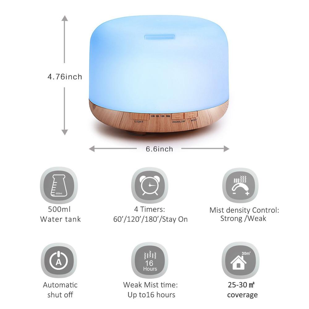 500ml Aroma Essential Oil Diffuser Timing Ultrasonic Air Humidifier 7 Color LED Lights Air Diffuser Aromatherpy Mist Maker