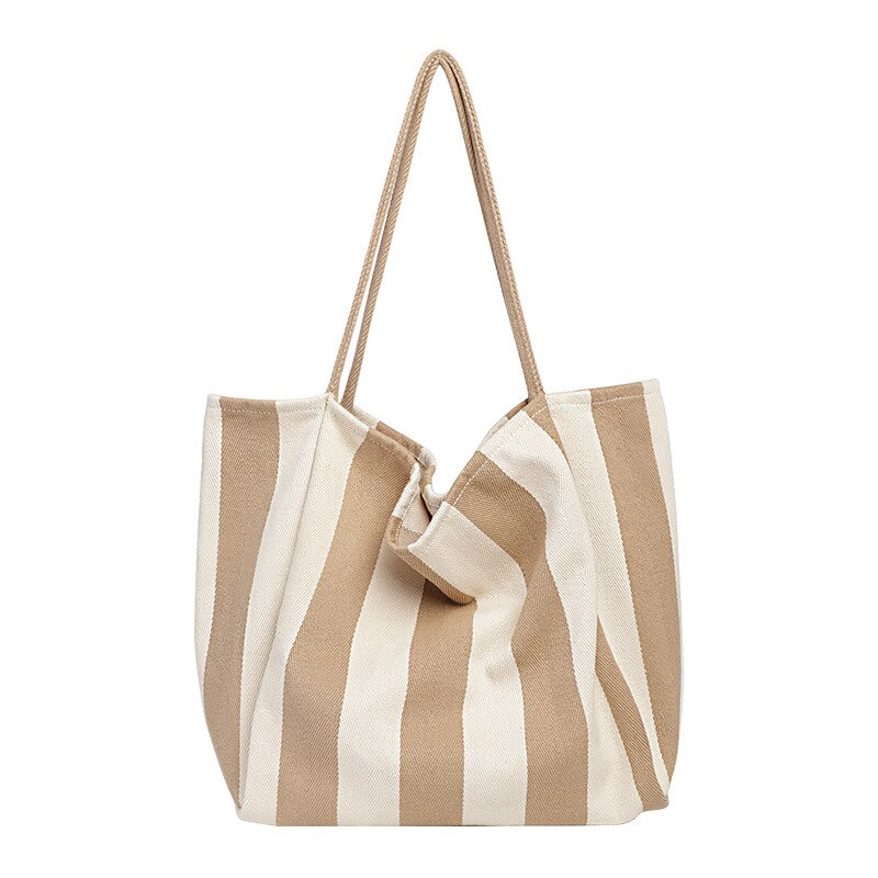 Large Capacity Canvas Women's Bag Retro Simple Striped Women's Shoulder Bag Multifunctional Casual Open Tote Shopping Bag: Wide Bar-Apricot