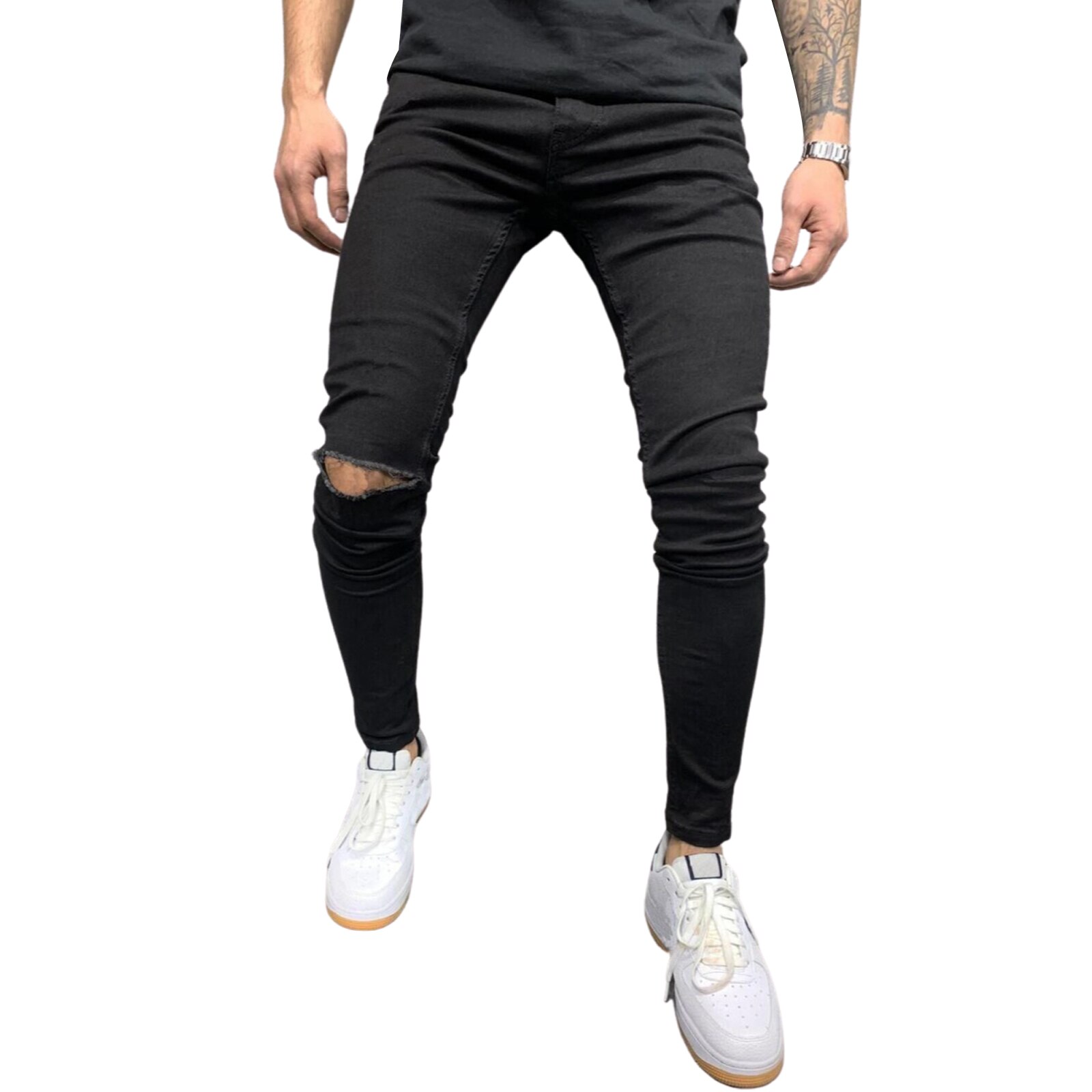 Knie Gat Gescheurde Jeans Mannen Skinny Black High Street Style Elasticiteit Slim Verzwakte Casual Mannen Broek Broek Biker Jeans
