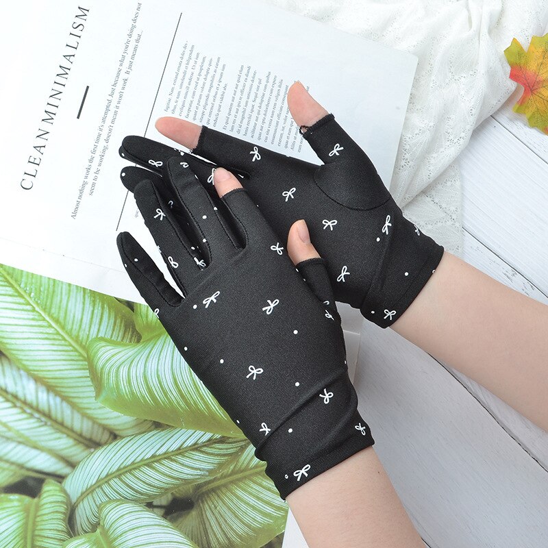 1 par de guantes de muñeca de protección solar a la , guantes elásticos de punto con dos dedos para mujer, mitones Vintage de tela para conducir: Black