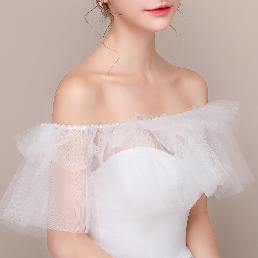 Frauen Elfenbein Hochzeit Braut wickeln Elegante Perlen Rüschen sexy schier Tüll Schal mit Band Weg Von der Schulter Stola für Formale kleid