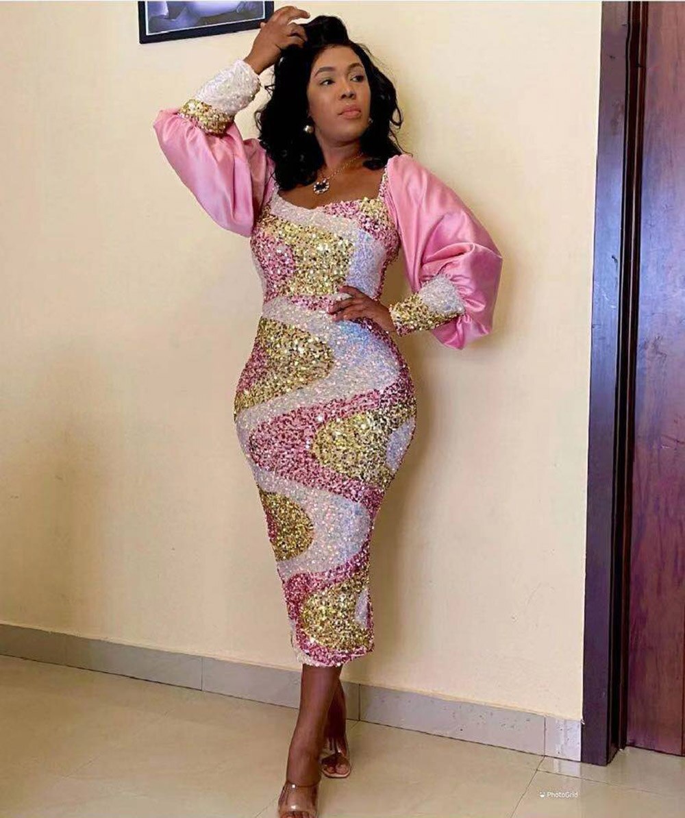 Style Classic African Women's Clothing Dashiki Stylish Lace Sequins Elastic Packet Buttock Party Lady Dresses: PINK / L