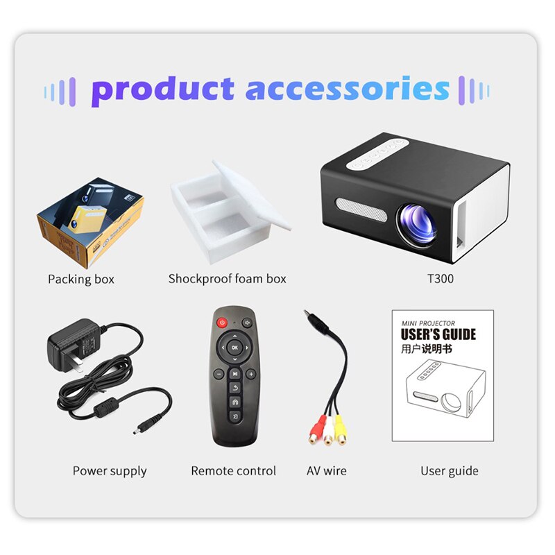 1080P HD Mini Projector T300 LED Audio Portable Movie Game Projector Home Media Video Player 3D Home Theater Remote Control