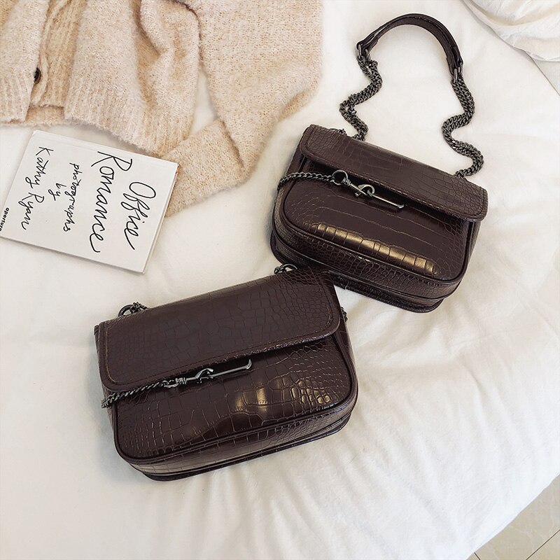 Rétro carré sac à bandoulière nouvelle en cuir PU femmes sac à main Crocodile motif chaîne épaule sac de messager: 22 CM Coffee