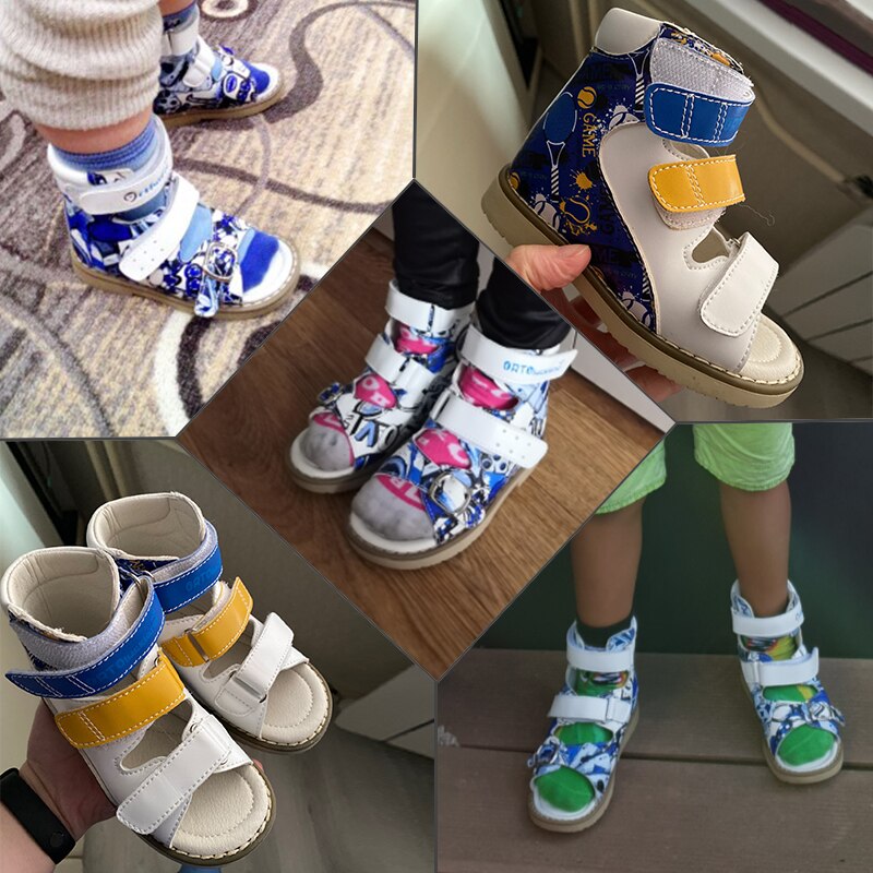 Ortoluckland kleinkind jungen walking sandalen leder orthopädische schuhe für kinder kinder schnalle muster starre plattfuß schuhe