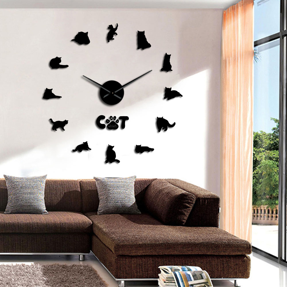 Britisk korthår kat wallsticker dekorativt gør-det-selv stort vægur grå kat rammeløs kat silhuet tal moderne ur ur