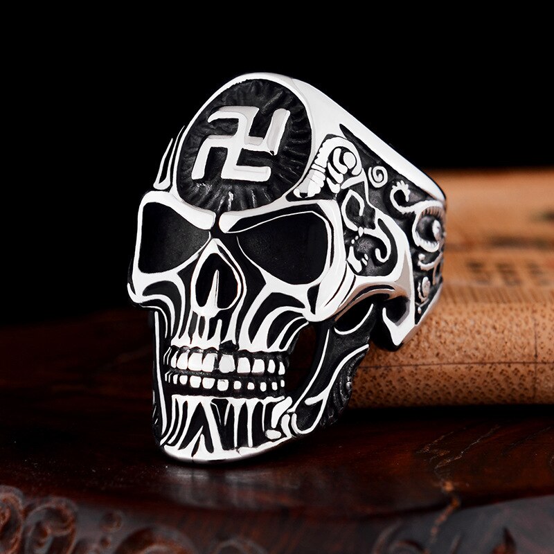 Punk hagekors symbol skelet spøgelseshoved store ringe til mænd rustfrit stål tilbehør religiøse kranium mænd svastika ring: 12 / Sølv