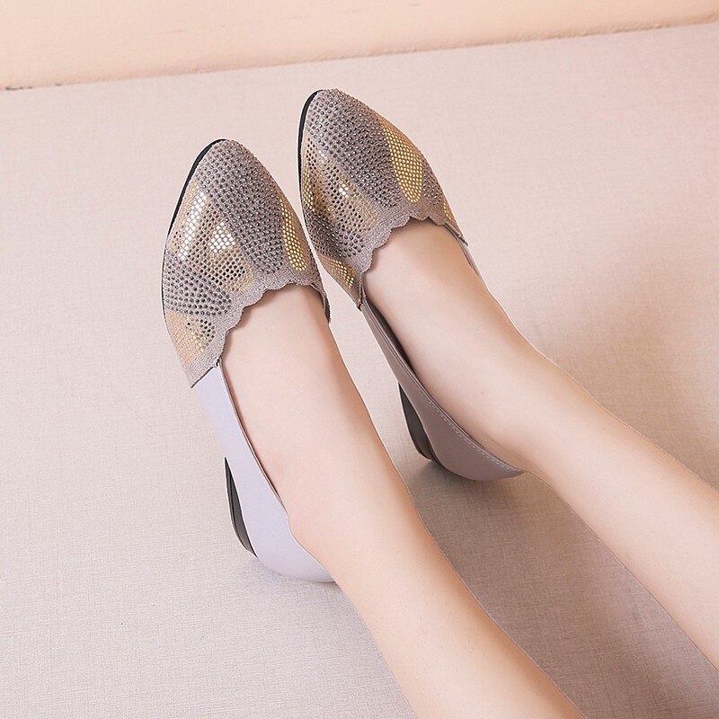 Plus Size 41 Bling Women Shoes Low Heels Dress Shoes Black Office Work Shoes Woman Shallow Single Shoes Gold Heeld Crystal N7855