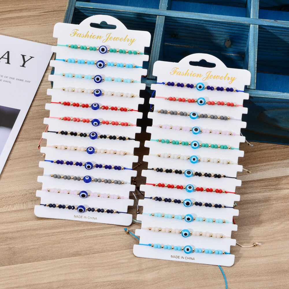 Women Men 12pcs/Sets Blue Turkish Evil Eye Charms Bracelets Crystal Bead Adjustable Rope Chain Yoga Wristband Child Girl Jewelry