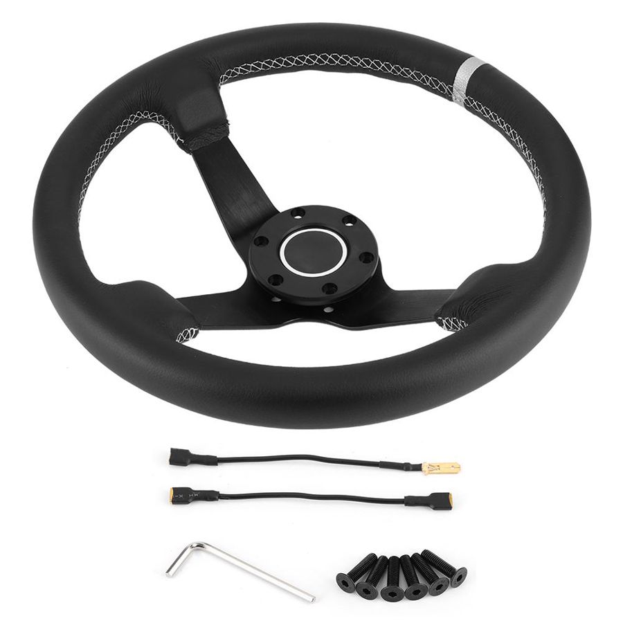 350mm/14in Steering Wheel for SPARCO Style 6-Bolt Deep Dish Black Leather Racing Steering Wheel W/ Horn