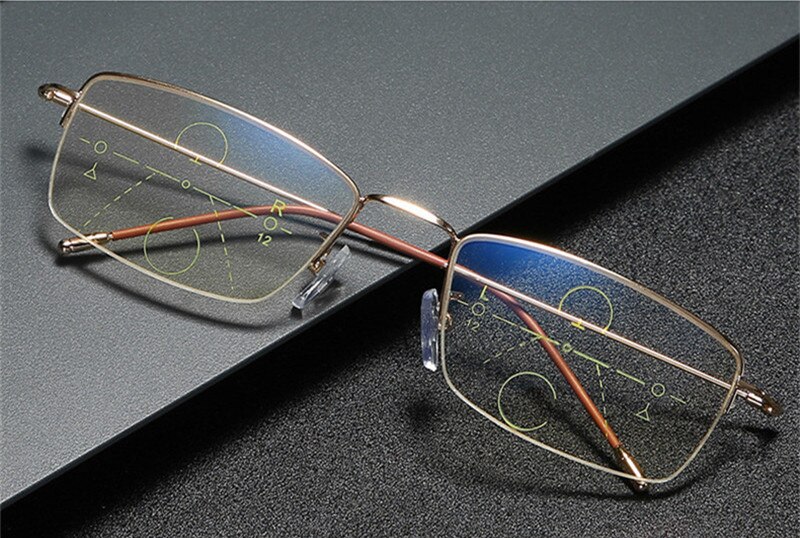 Titanium Multi-Focus Leesbril, Progressive Dual-Focus Anti-Blauw, anti-Ultraviolet, Verziendheid Bril: +150 / Gold