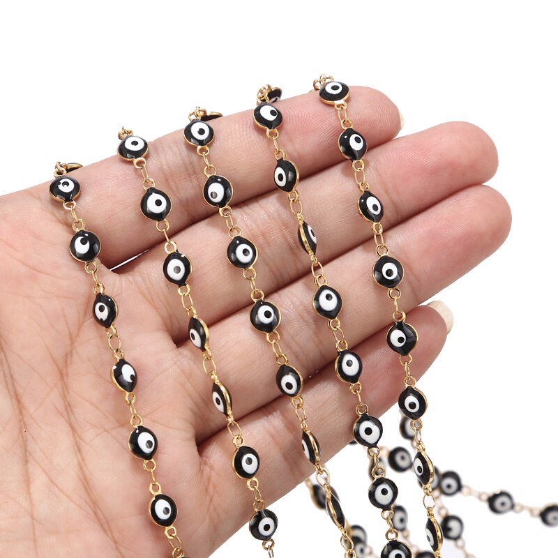 1 Meter 6mm Stainless Steel Eye Chain Gold Black/Red Turkey Eye Rosary Beads Chain Chain Findings: Gold Black