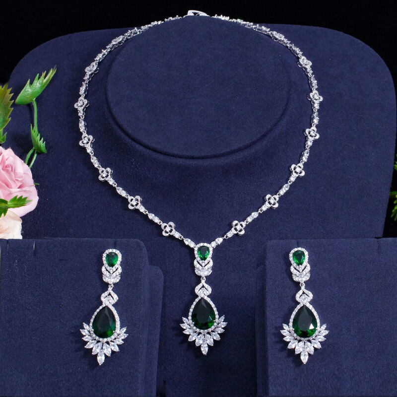 Beaqueen lindo lágrima verde cz cristal casamento brinco colar vestido conjuntos de jóias com marquise zircônia cúbica js001: Green