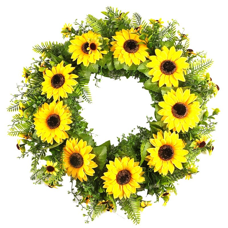 Artificial Sunflower Wreath Green Leaves and Sunflowers Home Party Window Wall Decor and Wedding Decorative: Default Title
