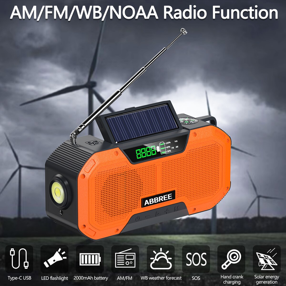 Emergency Radio 5000mAh Solar Hand Crank Portable AM/FM/NOAA SOS Radio with Flashlight&amp;Reading Lamp Cell Phone Charger