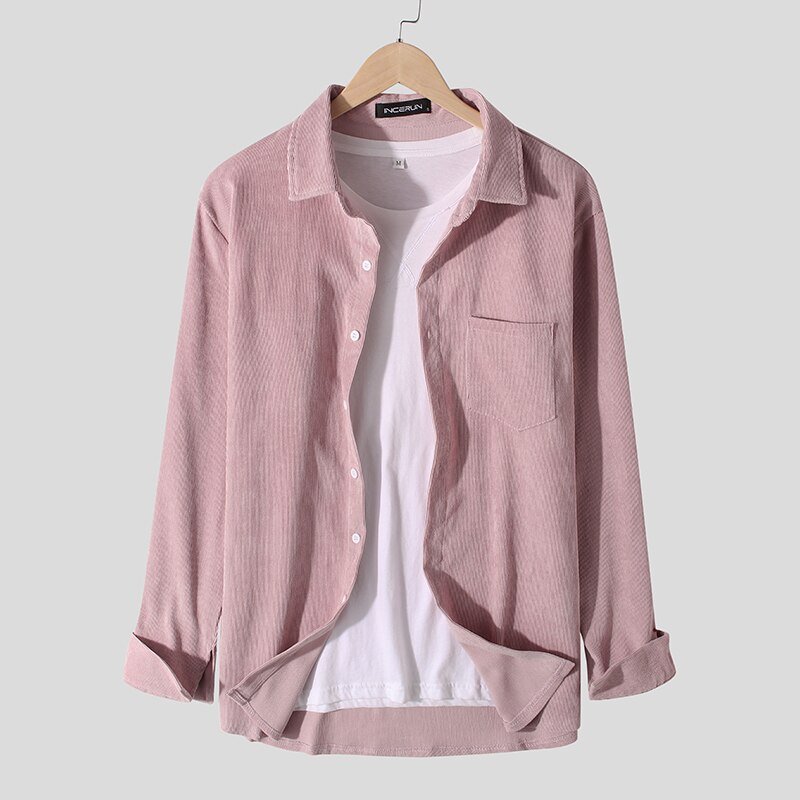 Efterår herre fløjlsskjorte ensfarvet langærmet revers mærke streetwear bluse chic camisa masculina incerun s -3xl: Lyserød / Xxxl