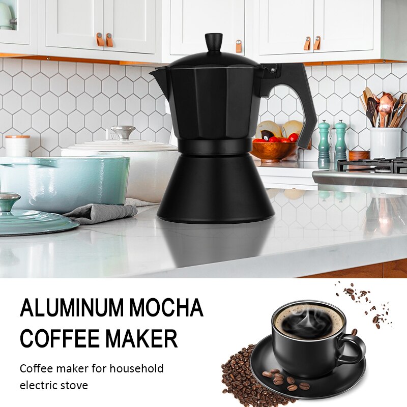 3/6/9 Cup Italian Coffee Pot Aluminum Mocha Home Induction Cooker Coffee Maker Double Bottom Hand Punch Filter Stove Black