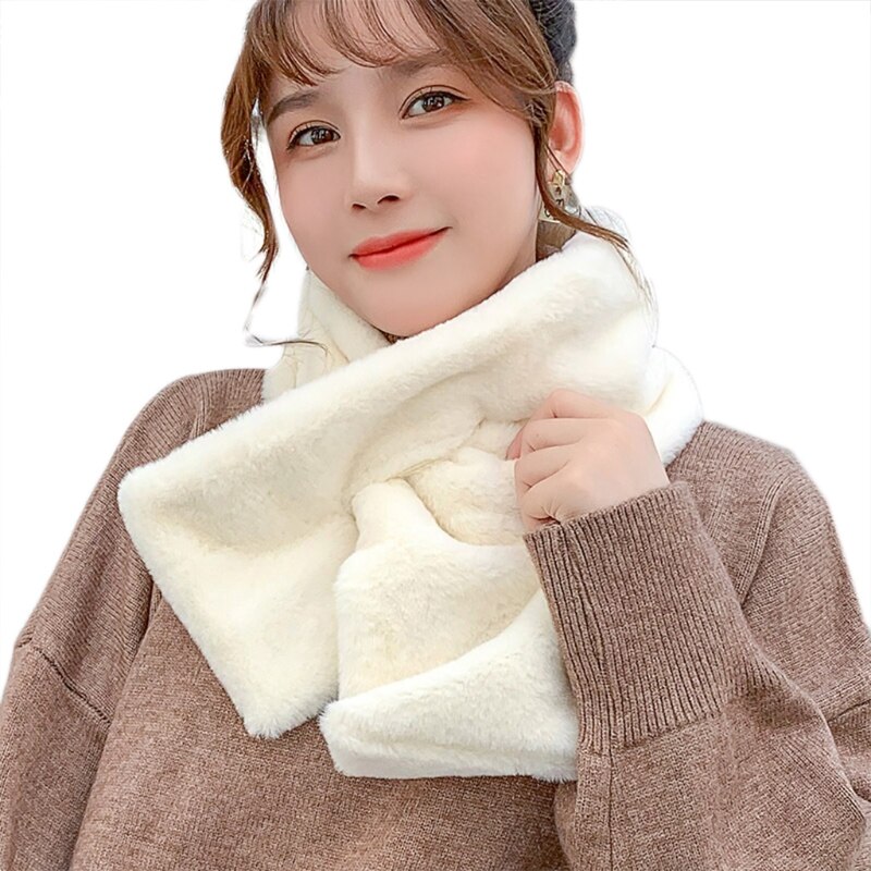 Women Thick Fuzzy Plush Loophole Cross Collar Scarf Solid Color Neck Wrap Shrug