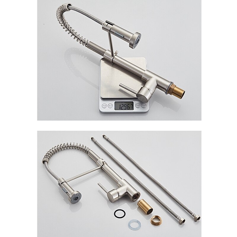Single-Handle Sink Faucet Pull-Down Sprayer Spring Single Hole Home Kitchen Copper Faucet In Silver