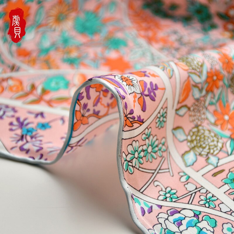 Pink blomstret ægte silke satin tørklæde kvinder 100%  naturlige silke hovedtørklæder firkantet forår efterår bandana sjal til damer