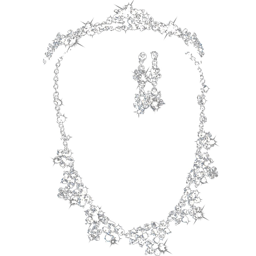 Luxe ketting met ingelegde strass steentjes, oorbellen, haarkrans, hoofddeksels, bruidssieraden
