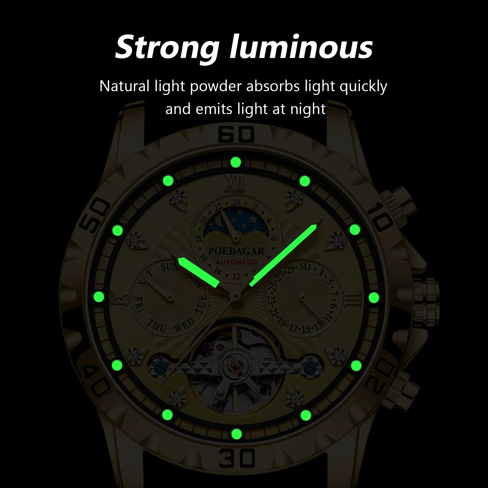 POEDAGAR-Montre de Luxe à Tourbillon Creux pour Homme, Accessoire Étanche, Mécanique et existent, en Acier Inoxydable, avec Date et Semaine