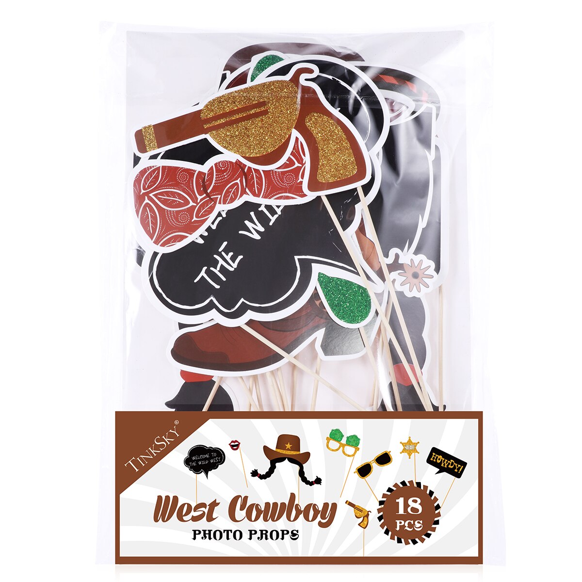 Tinksky 18Pcs West Cowboy Photo Booth Accessoire Met Bamboe Sticks Funny Party Decoratie Benodigdheden