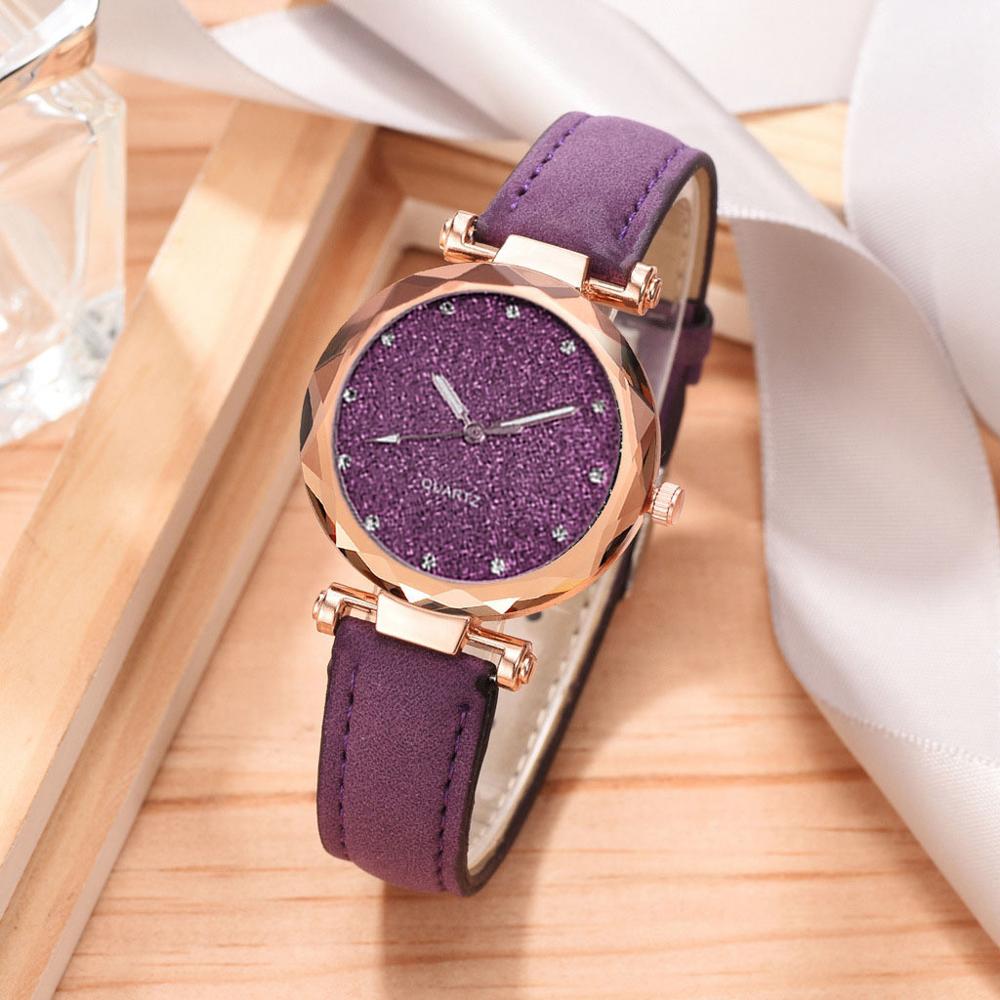 Dameur rhinestone romantisk stjernehimmel armbåndsur dame læderur ur til kvinder relogio feminino montre femme: Lilla