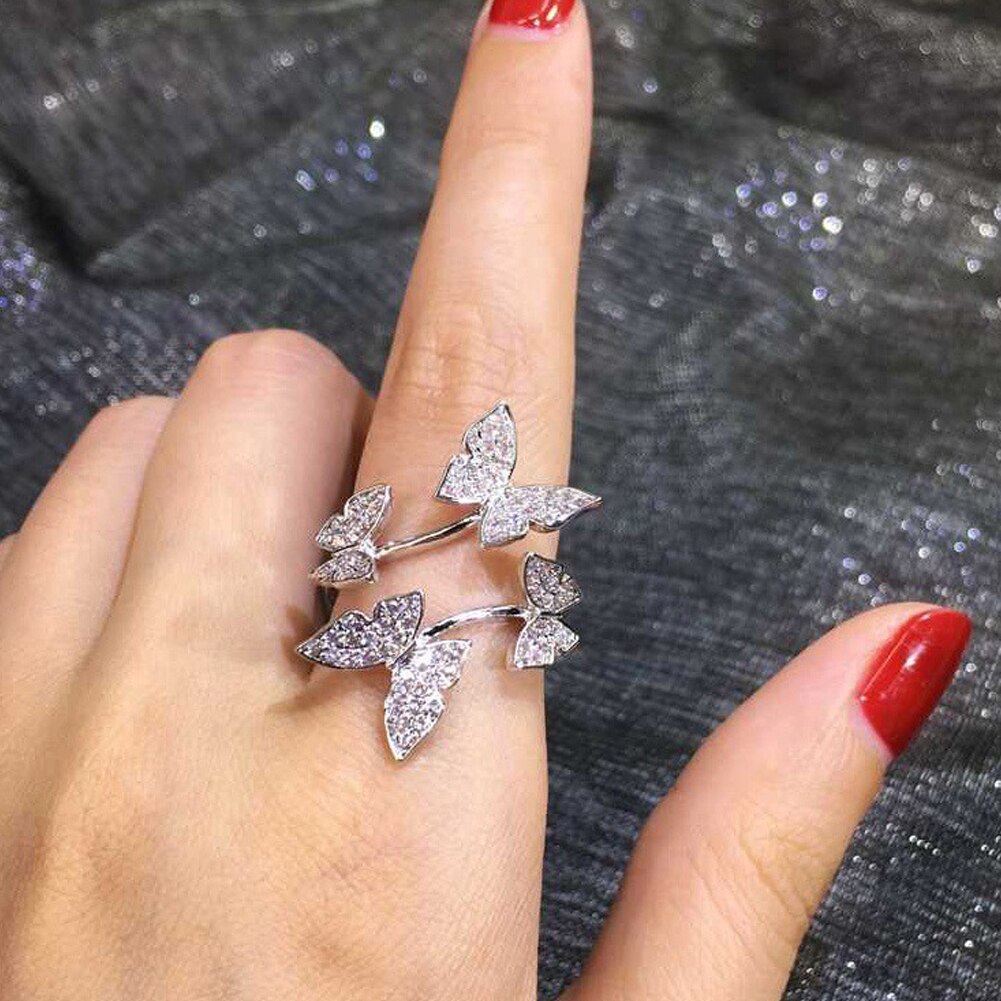 Luxo borboleta aberto anéis ajustáveis para mulher completa cristal anéis de casamento rosa ouro moda dedo anel de noivado feminino