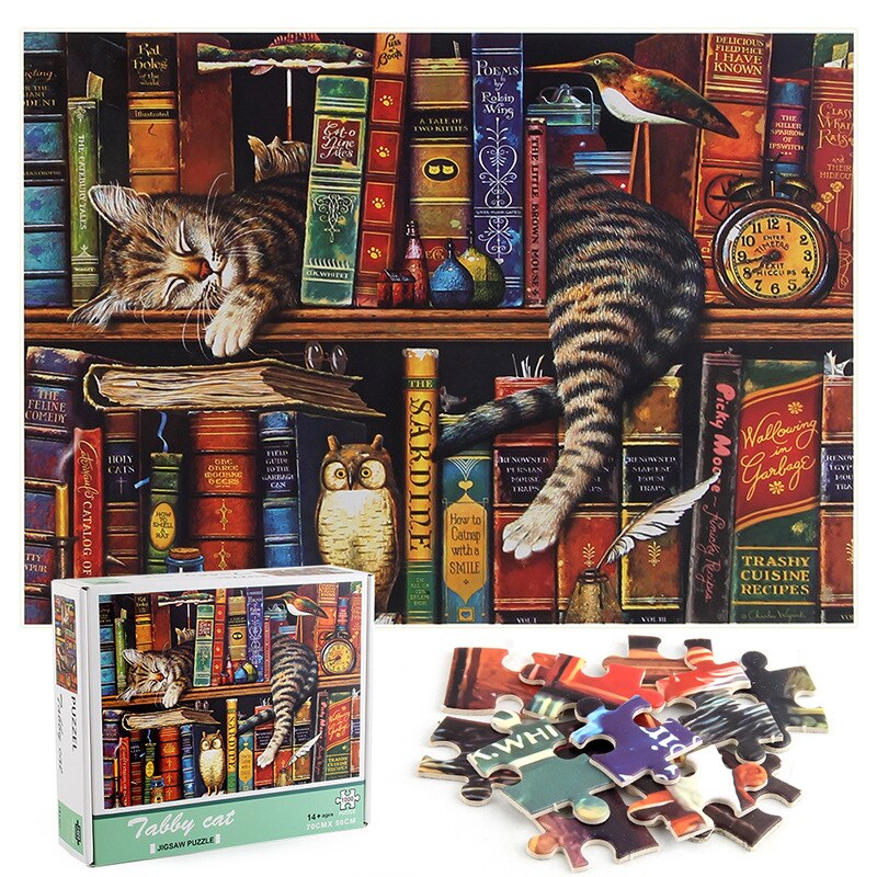 Luie Kat Puzzel 1000 Stuks Jigsaws Puzzels Boekenplank Landschap Puzzels Diy Montage Speelgoed Voor Volwassenen Kids Puzzels Games Speelgoed