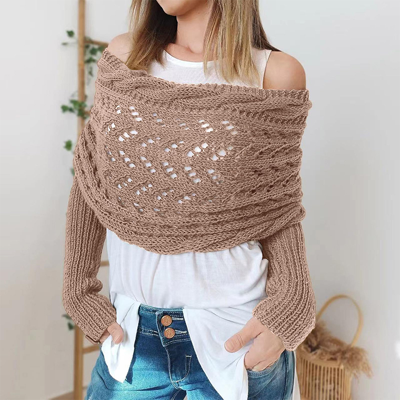trenzado, envoltura de manga con mangas, Color sólido, patrón de ganchillo con giro hueco, chal para mujer, bufanda, suéter de estilo bohemio: Castaño