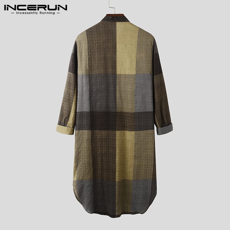 Incerun Moslim Mannen Islamitische Kaftan Lange Mouwen Stand Kraag Katoen Plaid Vintage Casual Robes Streetwear Caftan Mannen Jubba Thobe