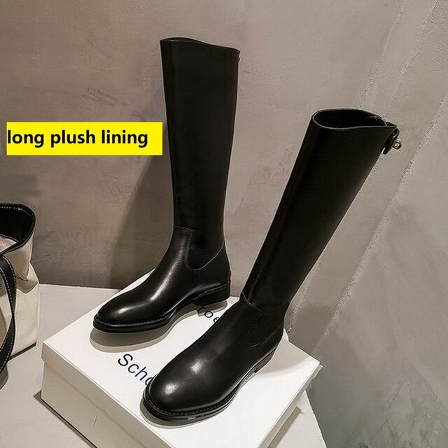 Dames hoge laarzen dames motorlaarzen lage hak herfst/winter schoenen warm pluche achterkant rits schoeisel ronde neus dames zwart: Zwarte lange pluche / 36