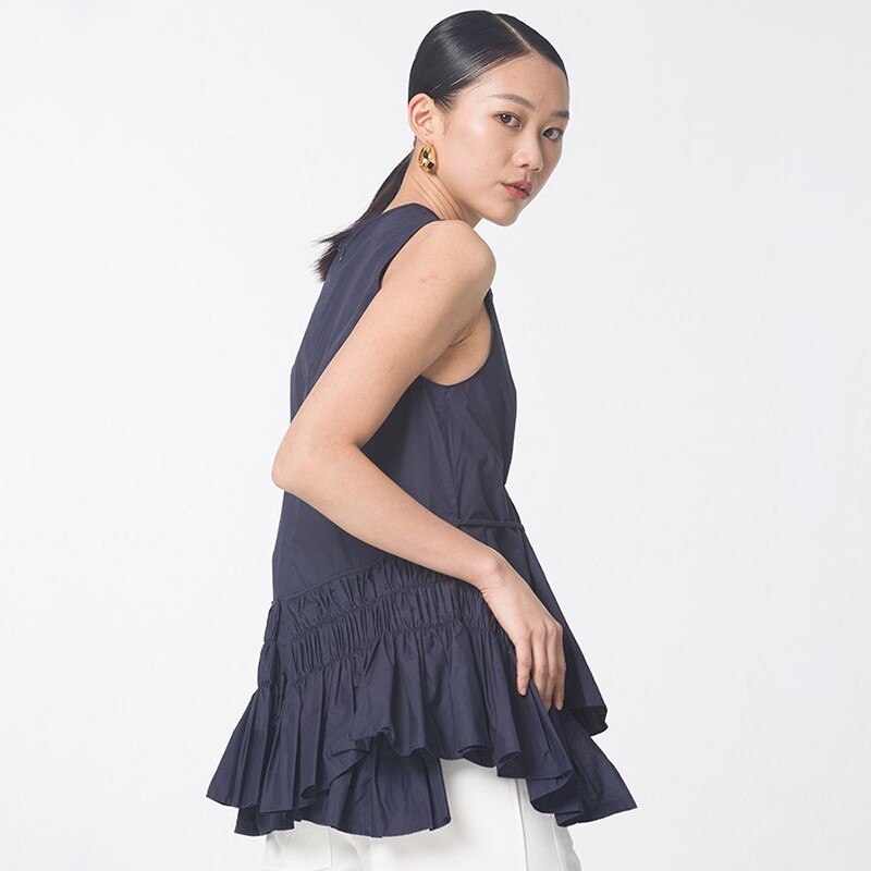 TWOTWINSTYLE sin mangas, informal, de color sólido de las mujeres O cuello Irregular camisa fruncida mujer Verano de de de ropa nueva