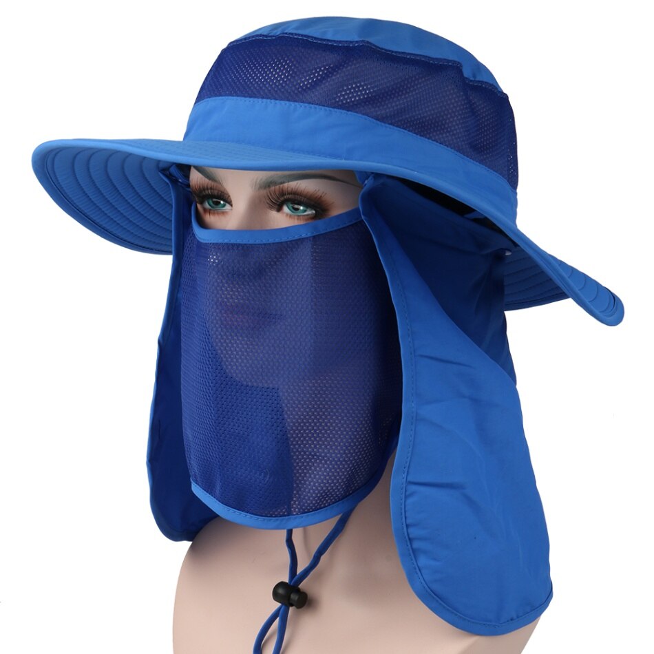 Outdoor Zon Bescherming Camping Vissen Hoed Brede Rand Zon Cap met Verwisselbare Nek Gezicht Flap Cover Cap voor Mannen en vrouwen: Blauw