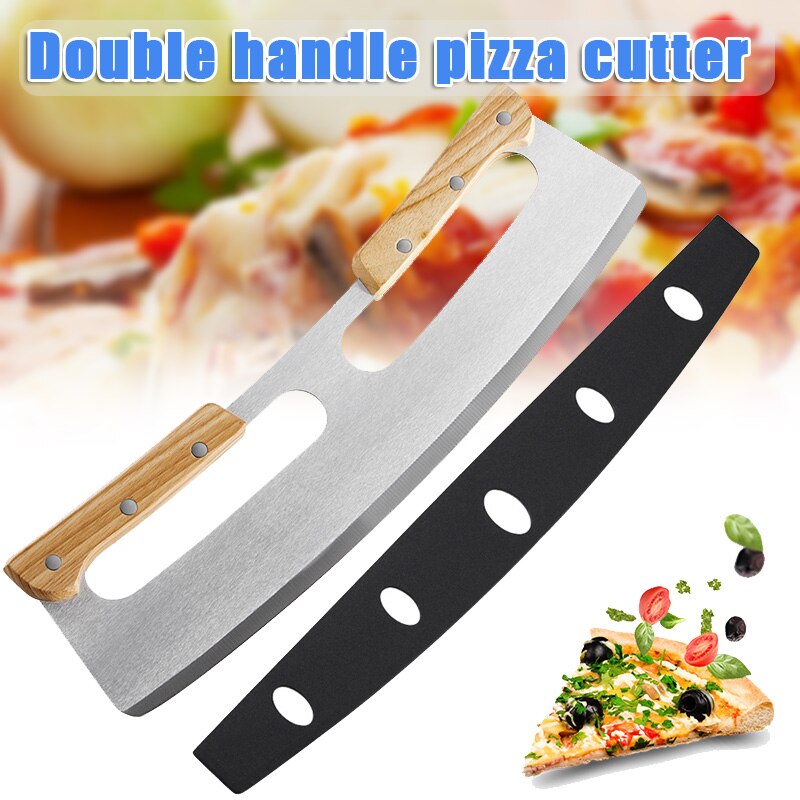 Two-handle Pizza Cutter Wooden Handle Half-round Pizza Hob Easy to Operate Rocker Knives for Kitchen Tool J2Y: Default Title