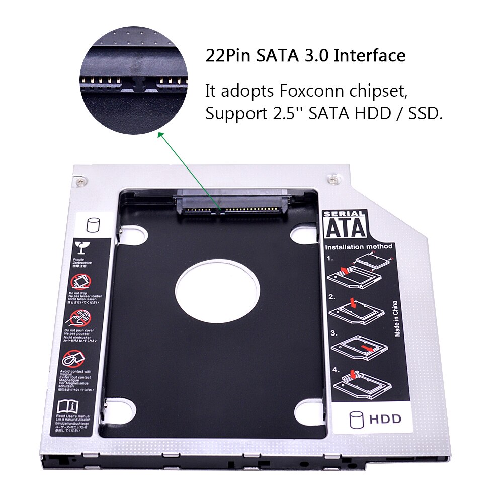 CHIPAL Universal Aluminum 2nd HDD Caddy 9.5mm for 2.5 Inch 2TB SATA 3.0 SSD Case Hard Disk Drive Bay for Notebook DVD CD ROM