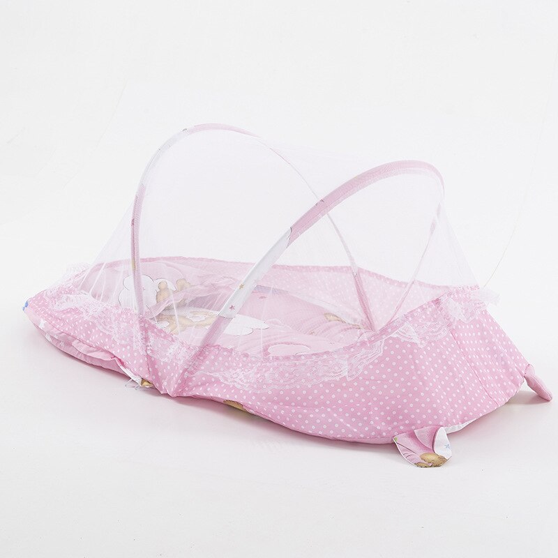 Lit pliable Portable pour bébés enfants | Moustiquaire à pois, avec fermeture éclair, tente, berceau, coussin de couchage, Portable, rose et bleu,