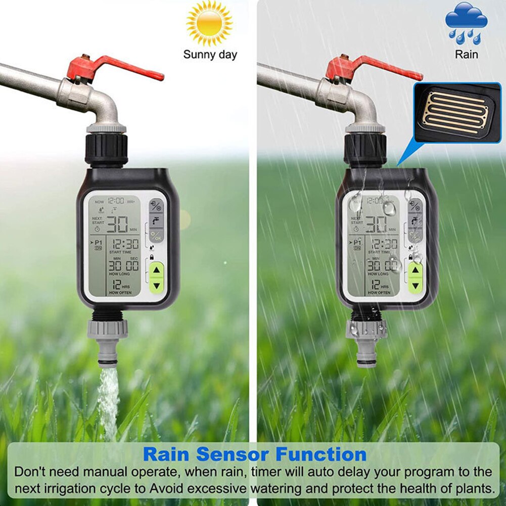 Home With Rain Sensor Tool Device Garden Water Timer Waterproof Controller Outdoor LCD Screen Automatic Irrigation Adjustable