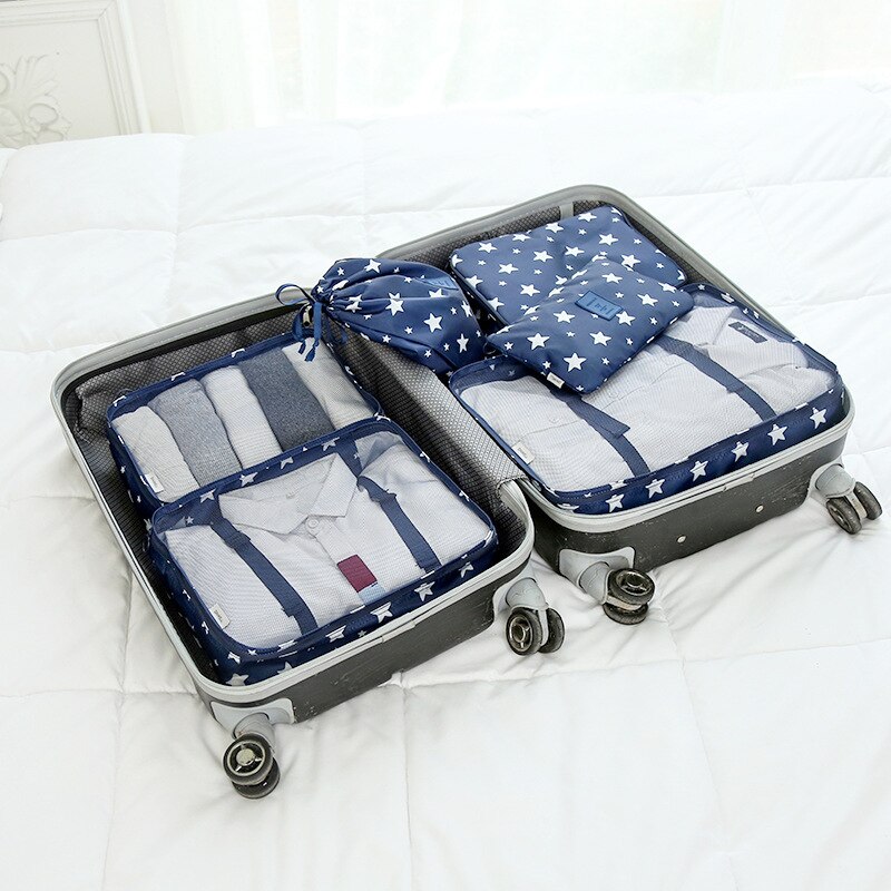 RUPUTIN 6PCS/Set Cloth Waterproof Travel Mesh Bag In Bag Luggage Organizer Packing Cube For Travel Accessories: Navy star