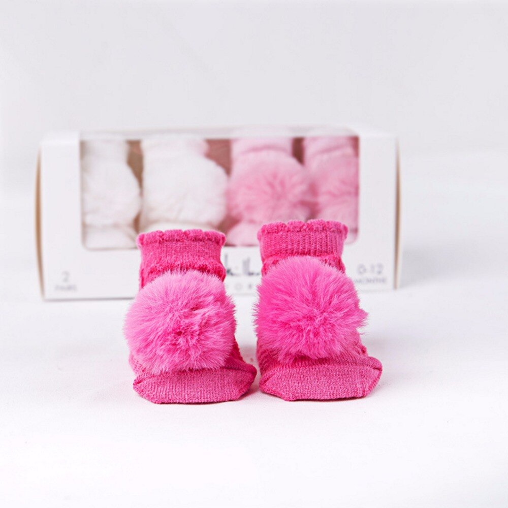 2 Paar/set Baby Meisjes Pom Pom Ademende Sokken Katoenen Baby Winter Sokken Set Anti Slip Met Pompom Antislip Sokken voor 0-6M